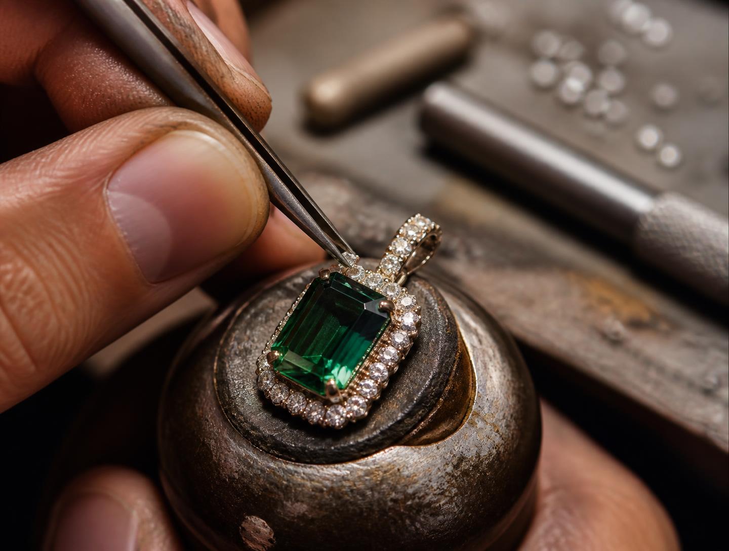 A jeweller hand-setting the diamond halo around an emerald pendant