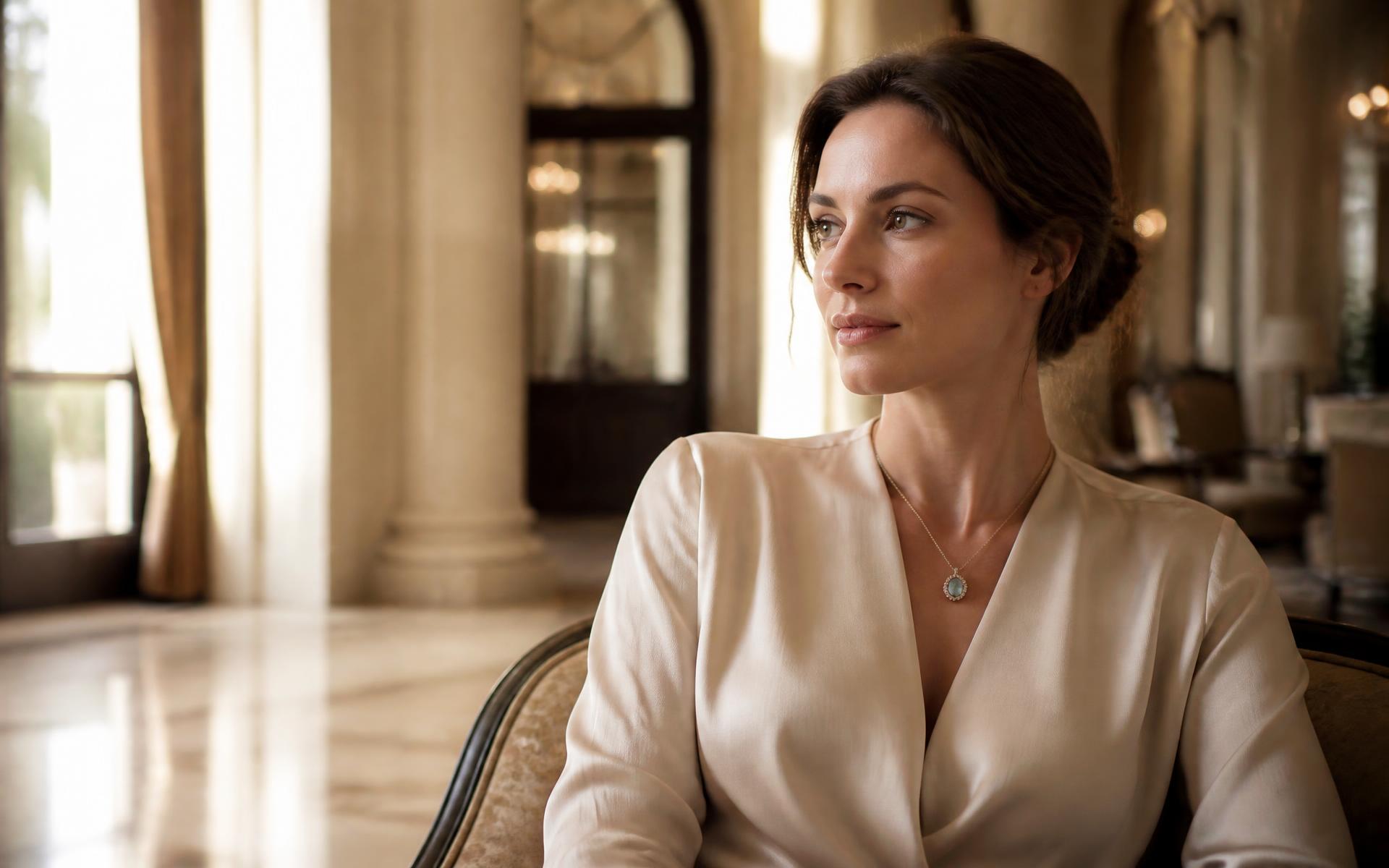 A woman wearing a Solenne aquamarine halo pendant in a sunlit hotel lounge