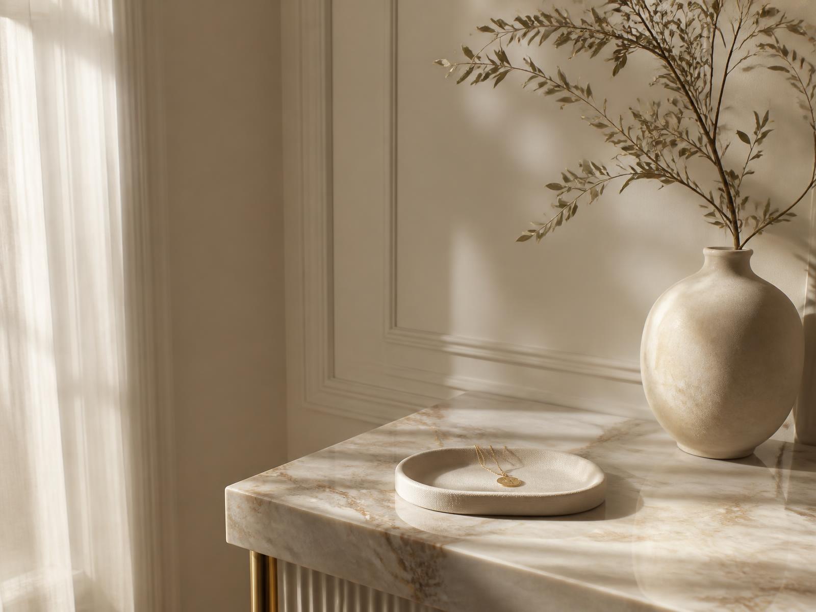 A quiet ivory interior with a gold pendant resting in a linen tray