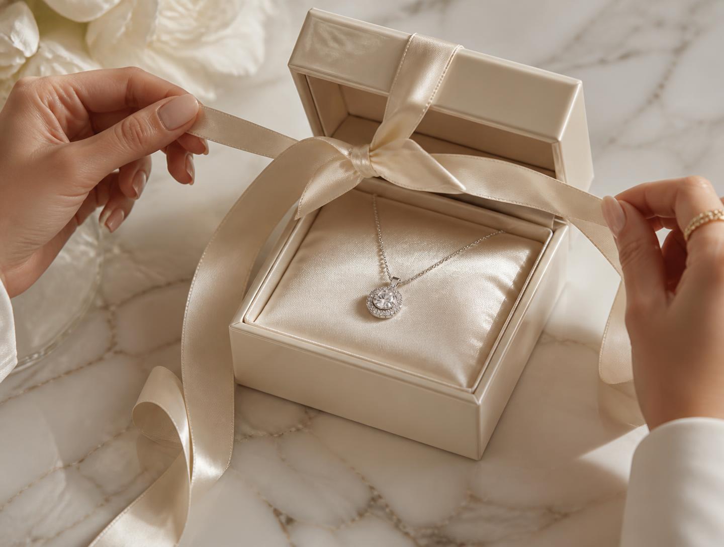 Hands untying a champagne ribbon on an ivory Solenne gift box